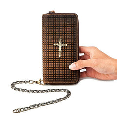 Men Leather Wallets Metal Skull Cross Pattern Purses Vintage Cowhide Money Bag