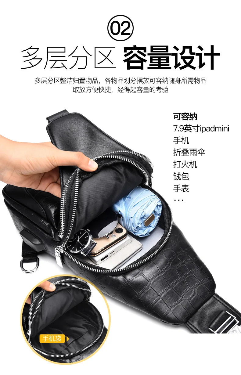 Men's Crocodile Chest Bag Large Capacity Crossbody Shoulder Bag