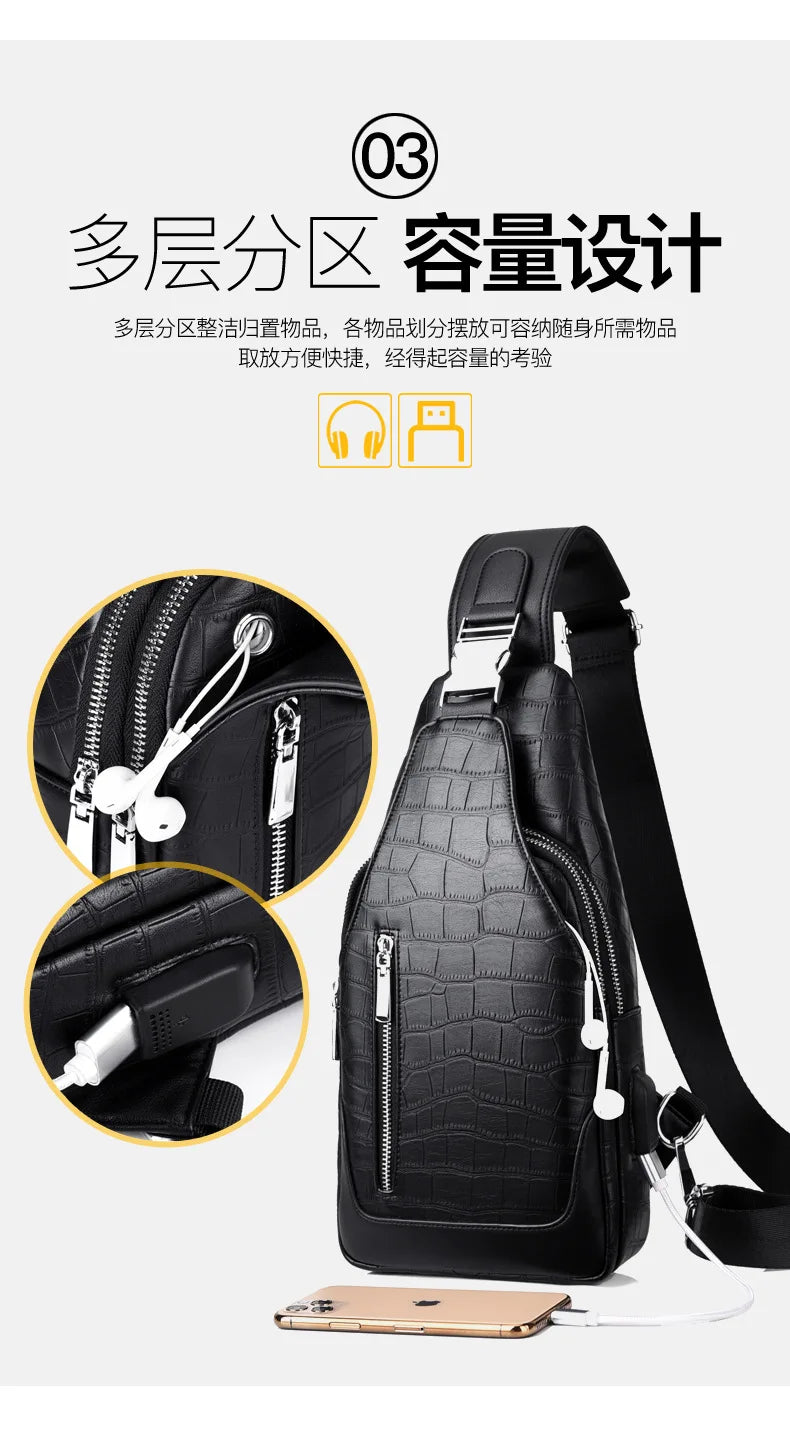 Men's Crocodile Chest Bag Large Capacity Crossbody Shoulder Bag