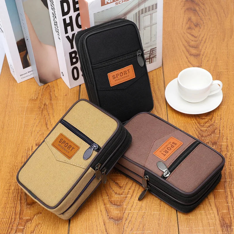 Men's Canvas Phone Bag Belt Three Layer Zipper Waterproof Crossbody Bags