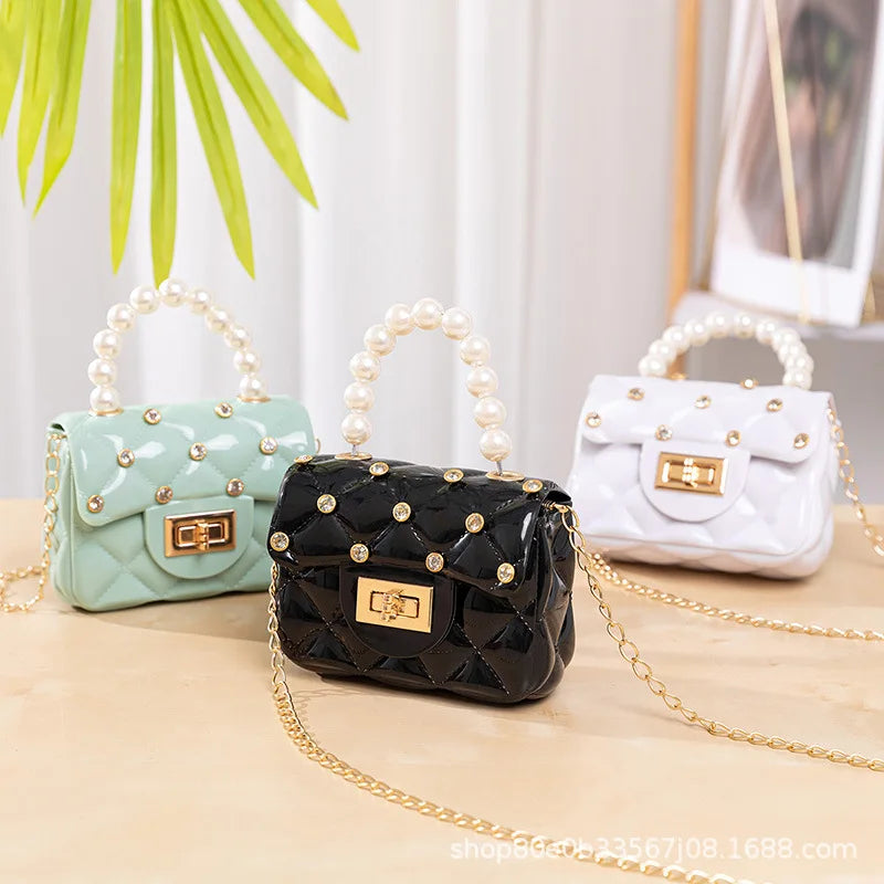 Diamond Inlaid Jelly Bag Crossbody Pearl Hand Strap Lipstick Handbag