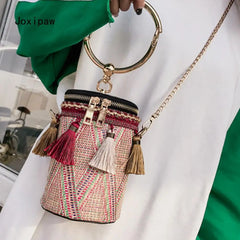 National Style Woven Bag, Women's Small Shoulder Bag with Tassel