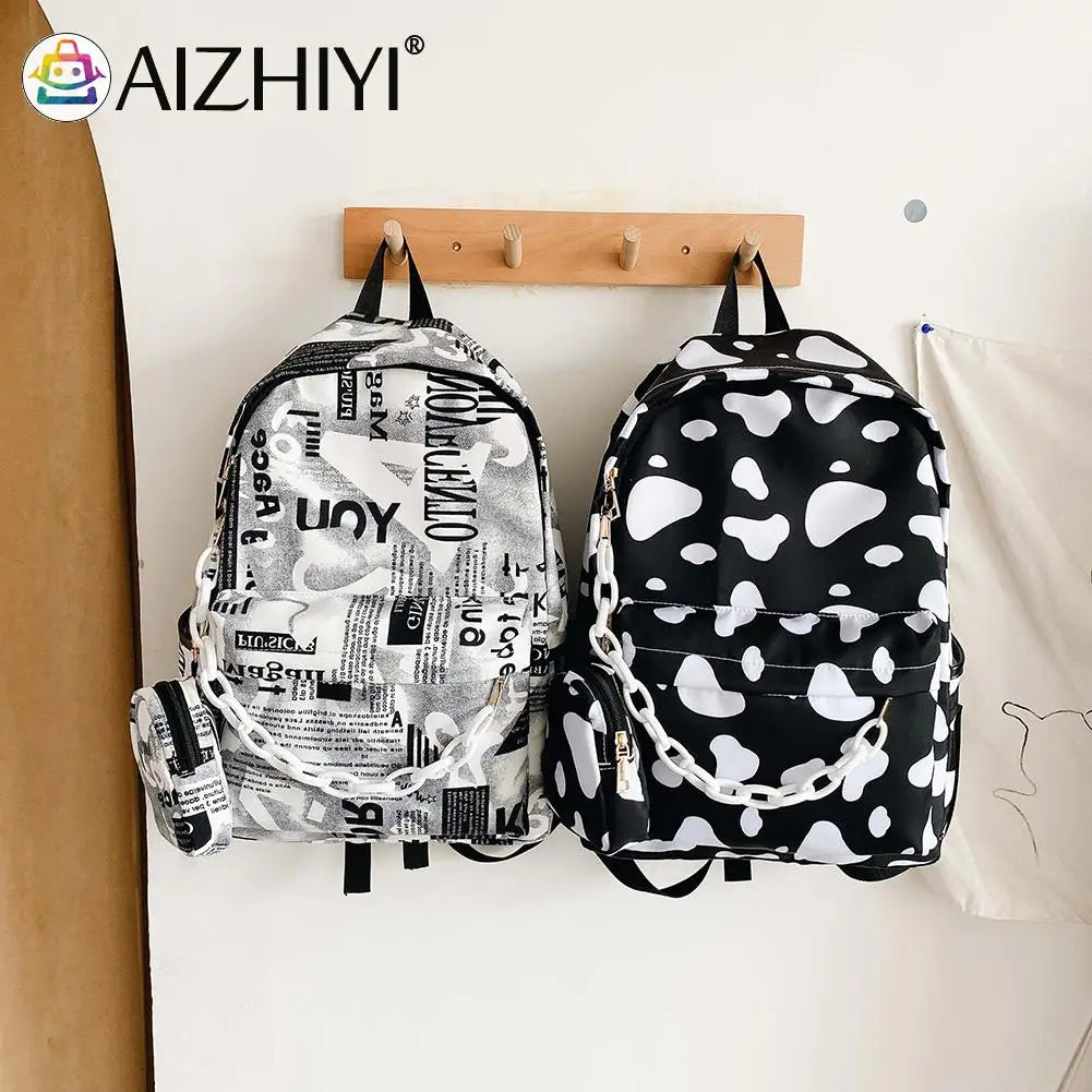 Nylon Backpack Cow Letter Print Casual Shoulder School Book Bags Women