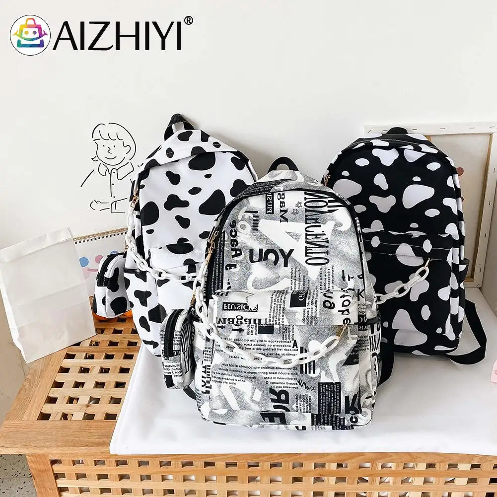 Nylon Backpack Cow Letter Print Casual Shoulder School Book Bags Women