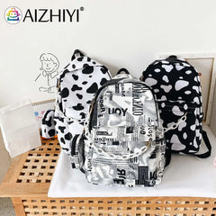 Nylon Backpack Cow Letter Print Casual Shoulder School Book Bags Women
