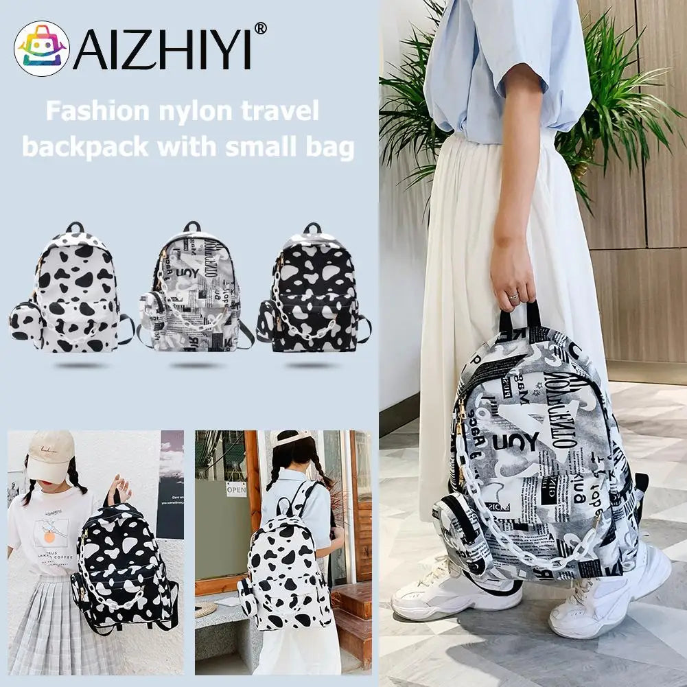 Nylon Backpack Cow Letter Print Casual Shoulder School Book Bags Women