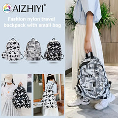 Nylon Backpack Cow Letter Print Casual Shoulder School Book Bags Women