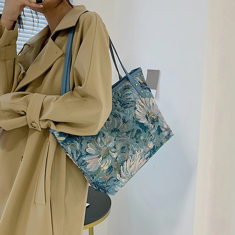 Oil Painting Canvas Tote Bag Retro Art Large Capacity Travel Bags Women