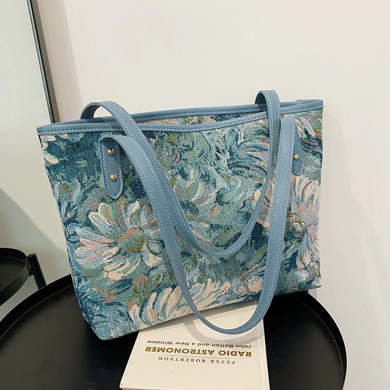 Oil Painting Canvas Tote Bag Retro Art Large Capacity Travel Bags Women