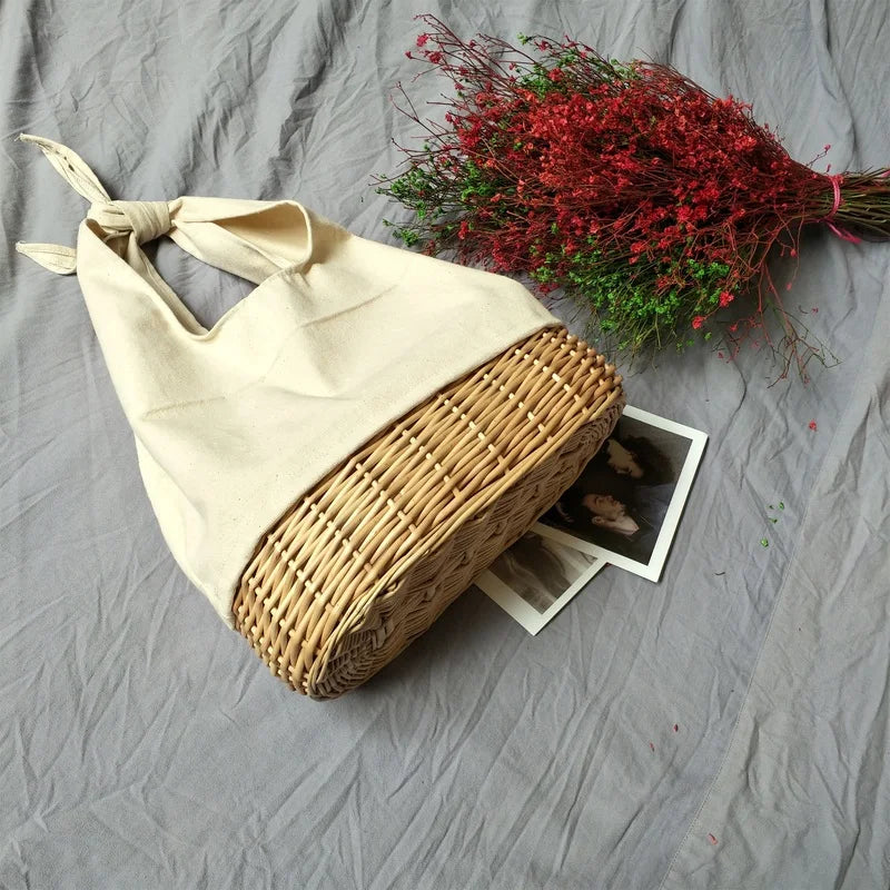 Portable Oval Shoulder Bag Cotton Linen Handbag Large Canvas Hand Bag