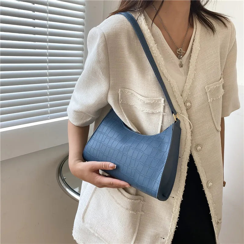 Crocodile Pattern Zip Handbag for Women PU Leather Shoulder Bag