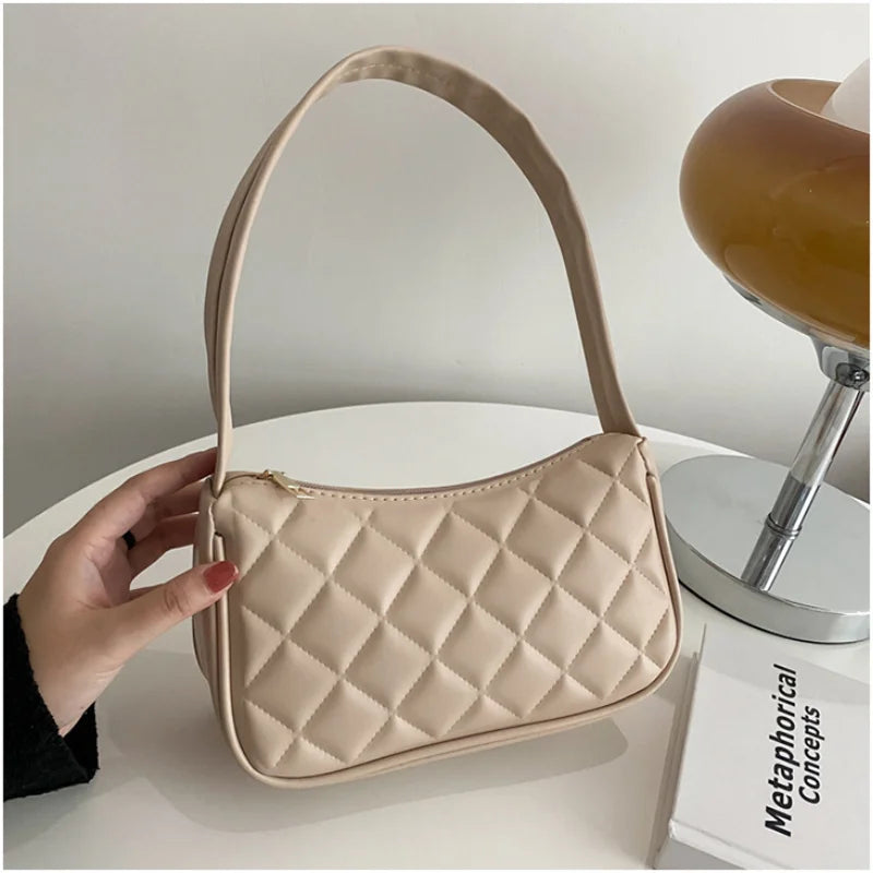 Shoulder Bag Texture Zipper Solid Handbag for Women Lingge Shopping Bag