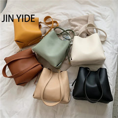 PU Leather Women Bucket Shoulder Bag Solid Casual Female Crossbody bags