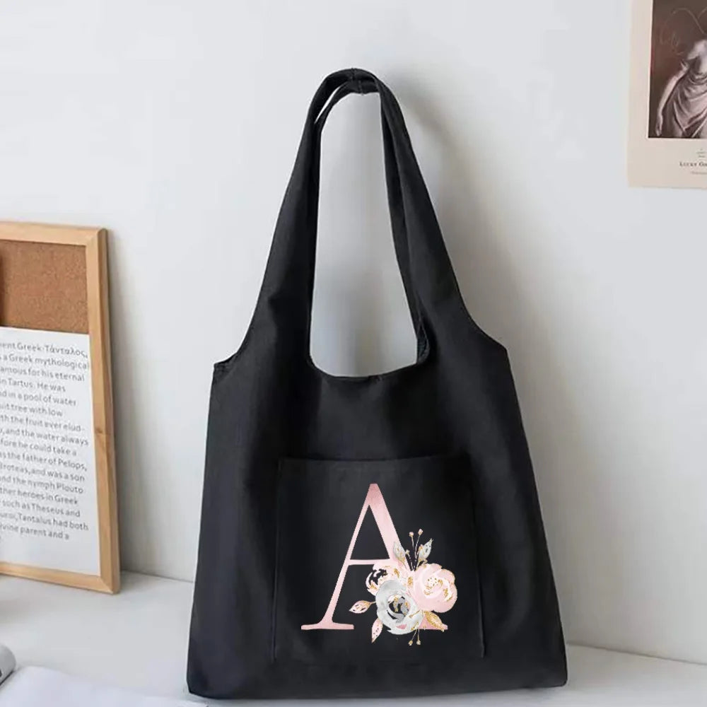Pink Flower Canvas Vest Shoulder Bag Cartoon Shopper Bag