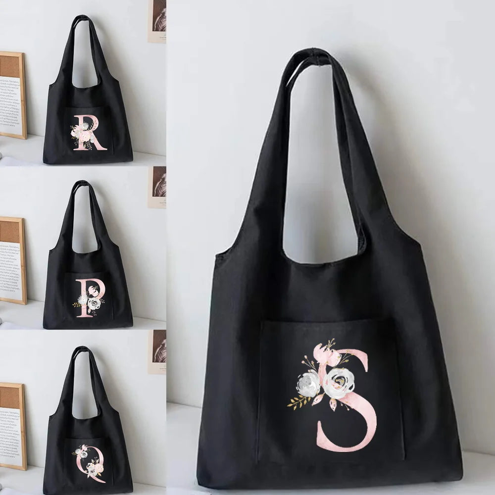 Pink Flower Canvas Vest Shoulder Bag Cartoon Shopper Bag