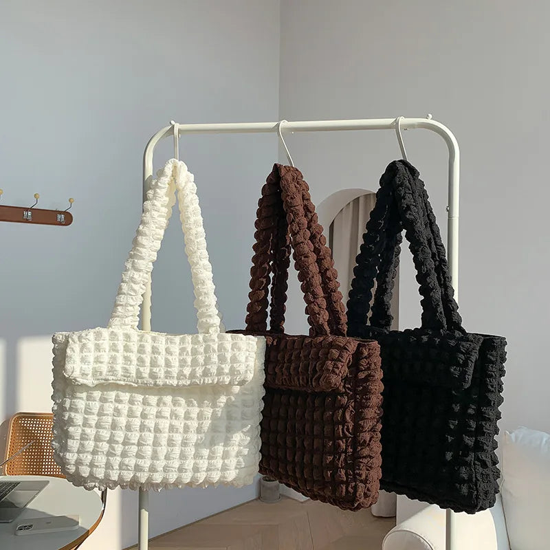 Pleated Grid Tote Nylon Flap Shoulder Bag