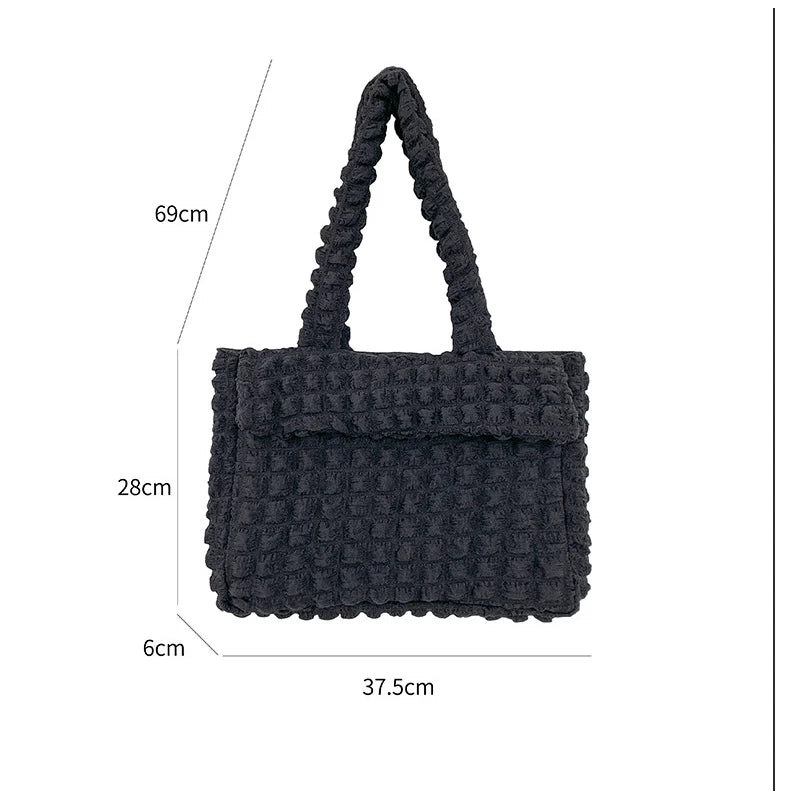Pleated Grid Tote Nylon Flap Shoulder Bag