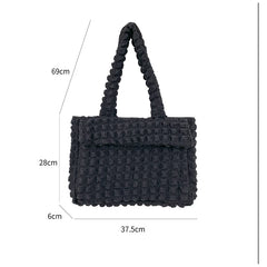 Pleated Grid Tote Nylon Flap Shoulder Bag