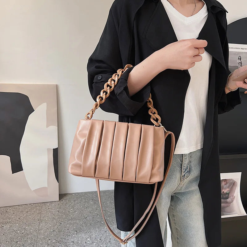 Pleated PU Leather Crossbody Messenger Bag Chain Strap Shoulder Handbag