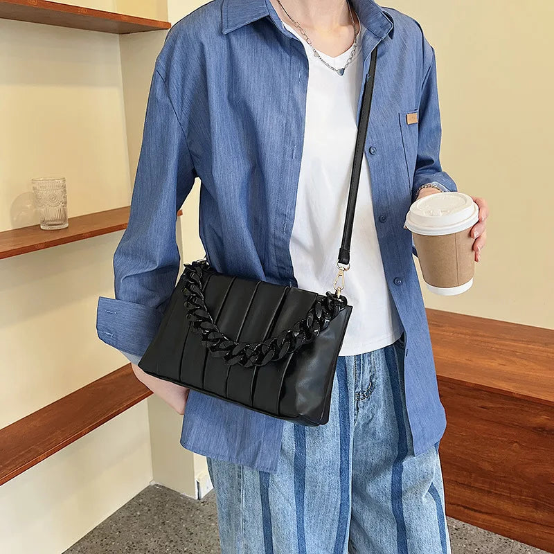 Pleated PU Leather Crossbody Messenger Bag Chain Strap Shoulder Handbag