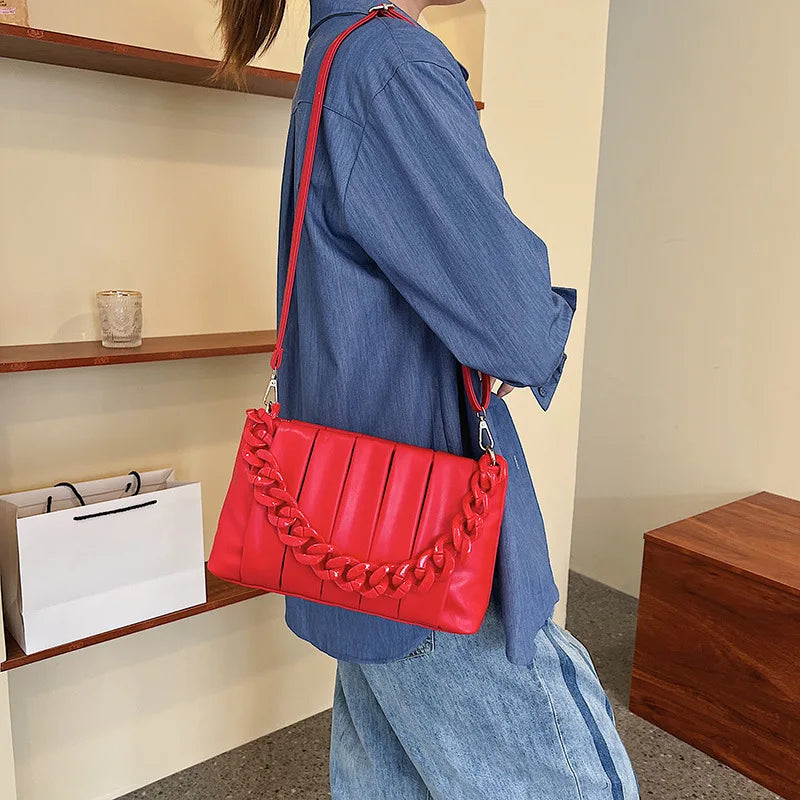 Pleated PU Leather Crossbody Messenger Bag Chain Strap Shoulder Handbag