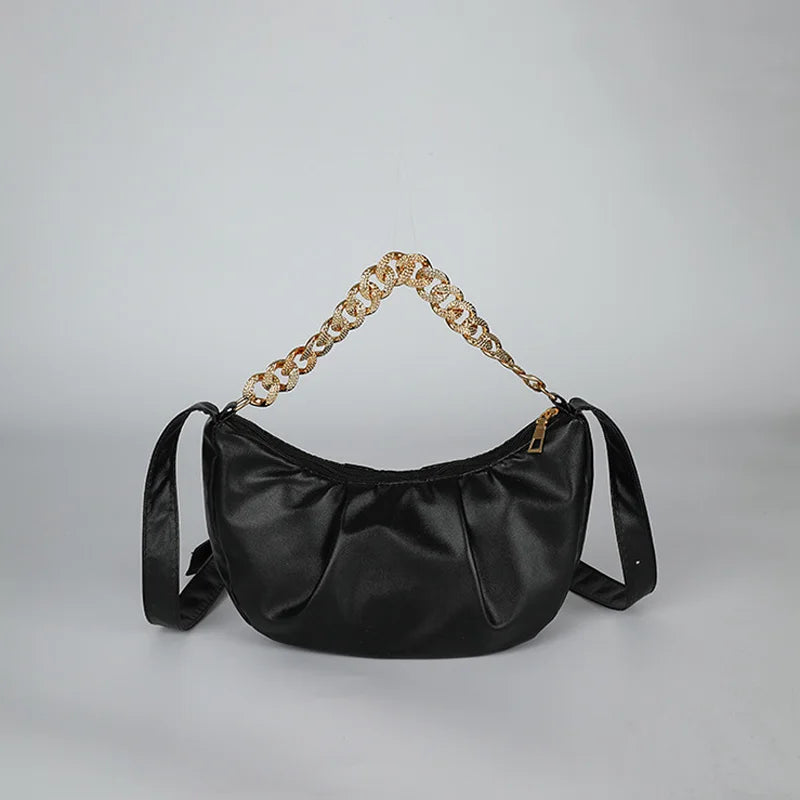 Pleated Shoulder Bag Half Moon Chain Crossbody Bags For Women Solid Pu Leather