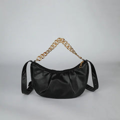 Pleated Shoulder Bag Half Moon Chain Crossbody Bags For Women Solid Pu Leather