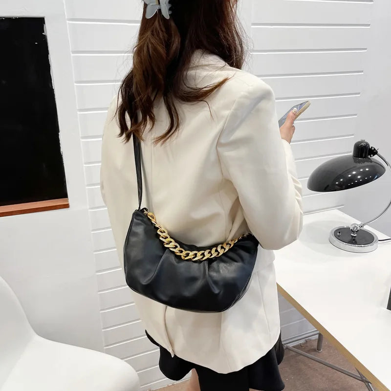 Pleated Shoulder Bag Half Moon Chain Crossbody Bags For Women Solid Pu Leather