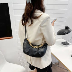 Pleated Shoulder Bag Half Moon Chain Crossbody Bags For Women Solid Pu Leather