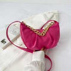 Pleated Shoulder Bag Half Moon Chain Crossbody Bags For Women Solid Pu Leather