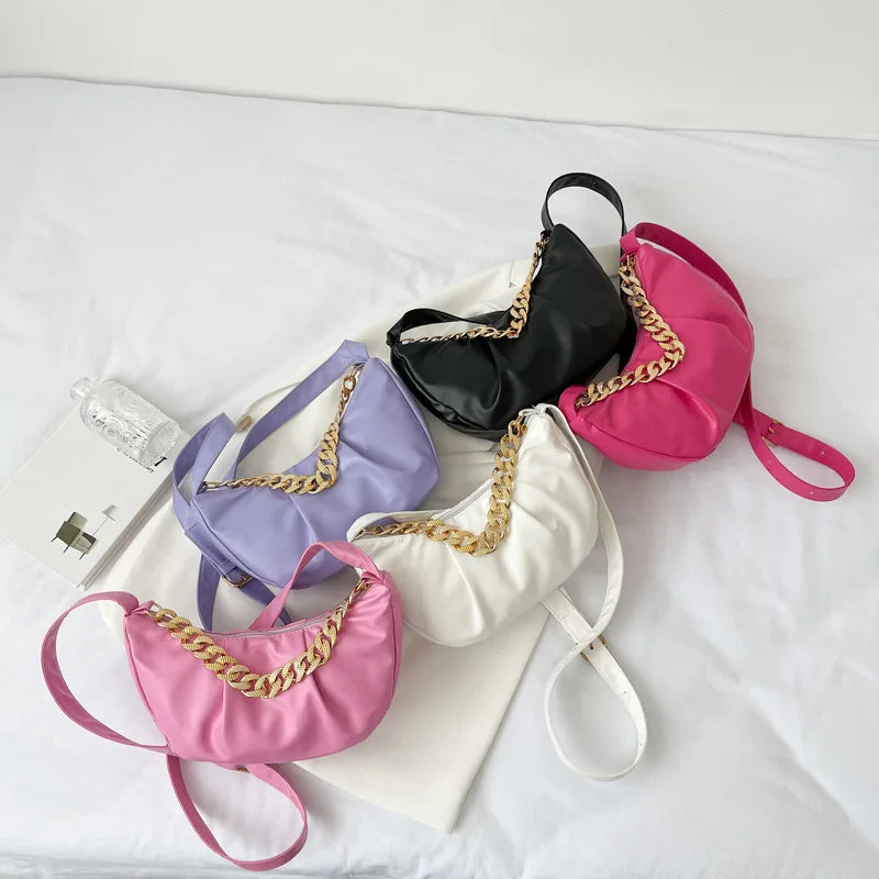 Pleated Shoulder Bag Half Moon Chain Crossbody Bags For Women Solid Pu Leather