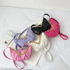 Pleated Shoulder Bag Half Moon Chain Crossbody Bags For Women Solid Pu Leather