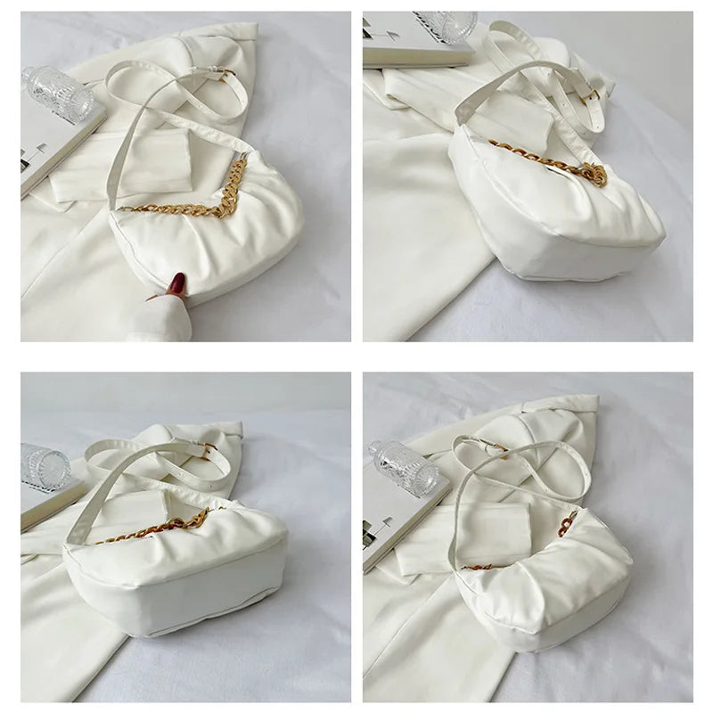 Pleated Shoulder Bag Half Moon Chain Crossbody Bags For Women Solid Pu Leather