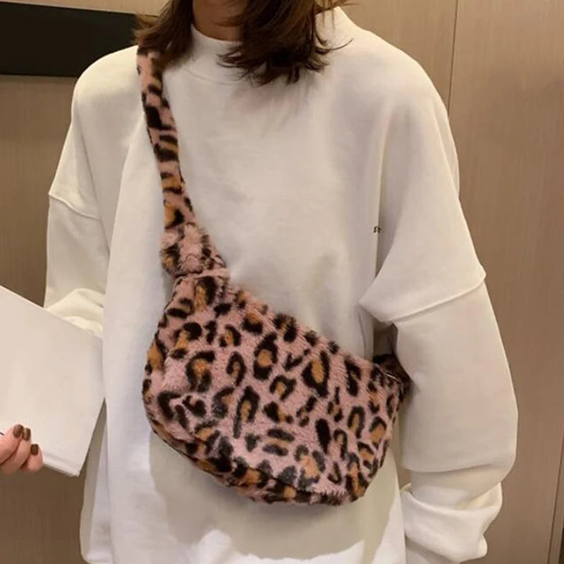 Leopard Shoulder Bag Winter Plush Small Crossbody Soft Women Handbag