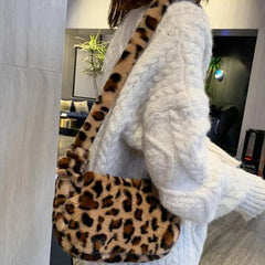 Leopard Shoulder Bag Winter Plush Small Crossbody Soft Women Handbag