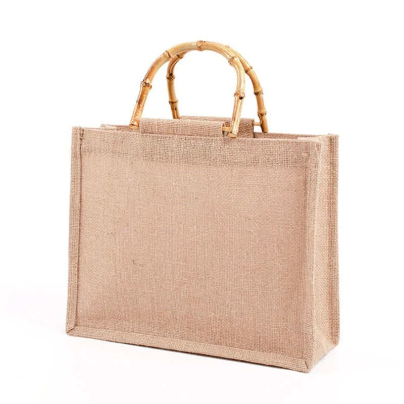 Burlap Jute Shopping Bag with Bamboo Handles