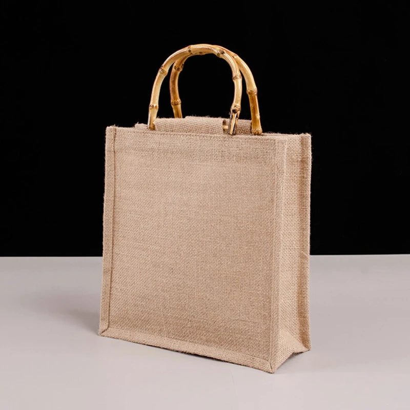 Burlap Jute Shopping Bag with Bamboo Handles
