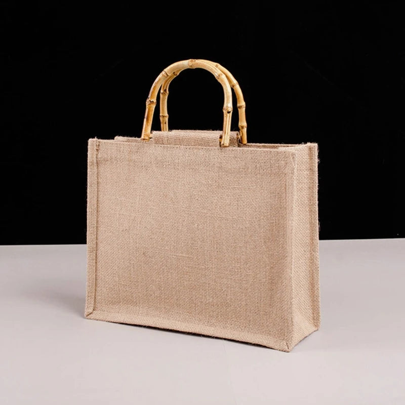 Burlap Jute Shopping Bag with Bamboo Handles