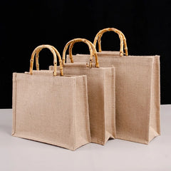 Burlap Jute Shopping Bag with Bamboo Handles