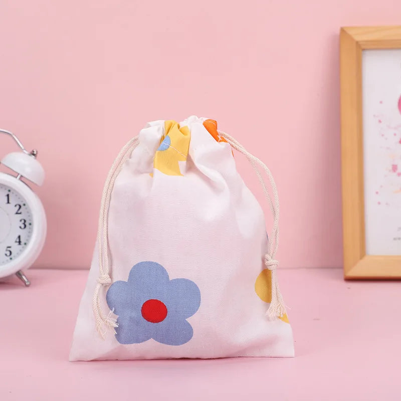 Print Cotton Drawstring Bag Small Size Storage Bag Christmas Gift Candy Jewelry