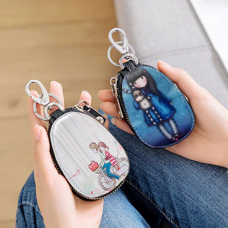 PU Leather Car Key Case Holder Metal Hook Zipper Wallet Mini Storage Bag