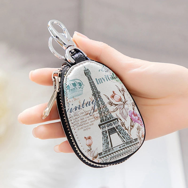 PU Leather Car Key Case Holder Metal Hook Zipper Wallet Mini Storage Bag