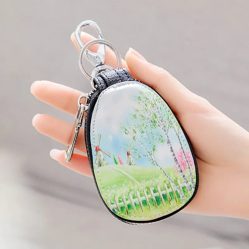 PU Leather Car Key Case Holder Metal Hook Zipper Wallet Mini Storage Bag