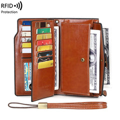 RFID Anti-Theft Unisex Wallet Oil Wax Leather Retro Wallet Large Capacity Clutch