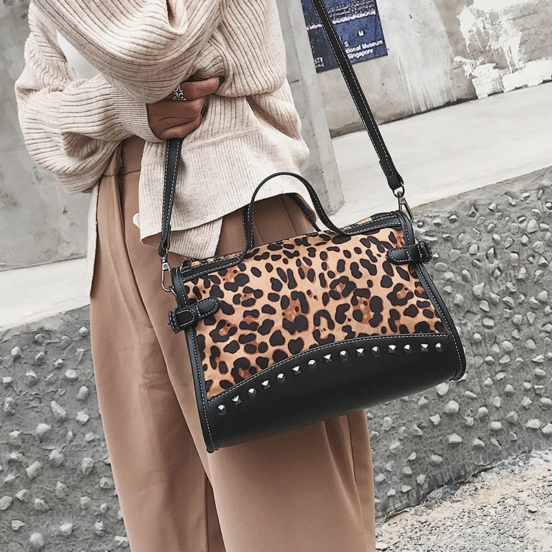 Leopard Leather Handbag Tote Vintage High Shopping Bag Shoulder Bag