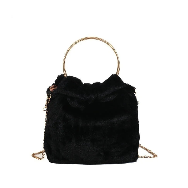 Rex Rabbit Fur Straw Bag Ring Bucket Bag Shoulder Chain Bag
