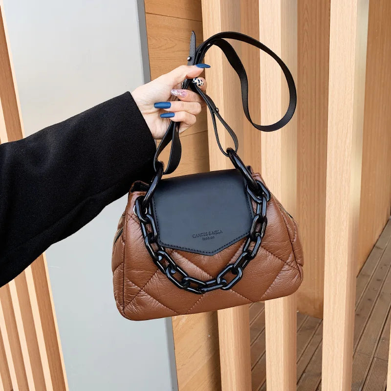 Rhombus Women Bag Embroidery Chain PU Leather Messenger Handbag