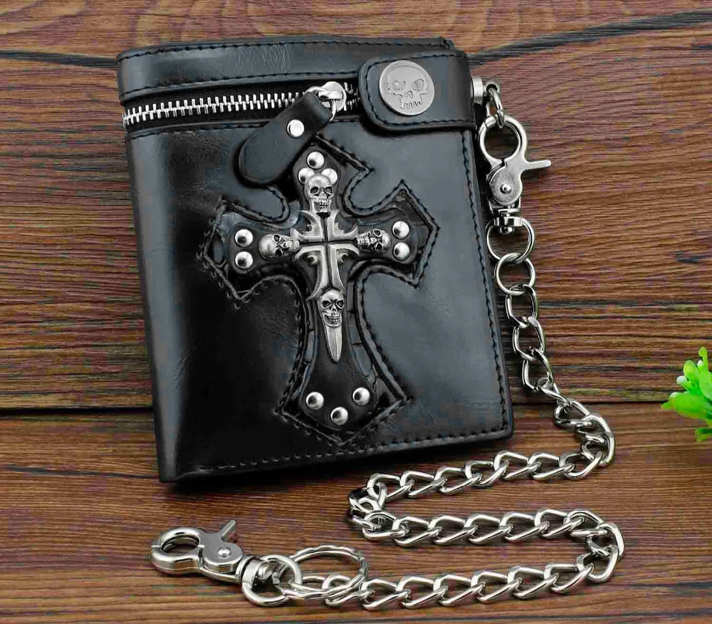 Skulls Cross Money Men's Leather Wallet with Chain