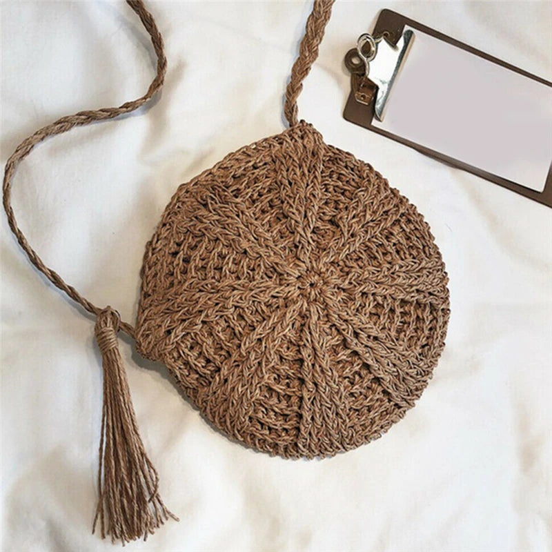 Round Women Paper Rope Shoulder Bag Tassel Summer Beach Crossbody