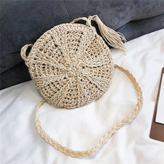 Round Women Paper Rope Shoulder Bag Tassel Summer Beach Crossbody